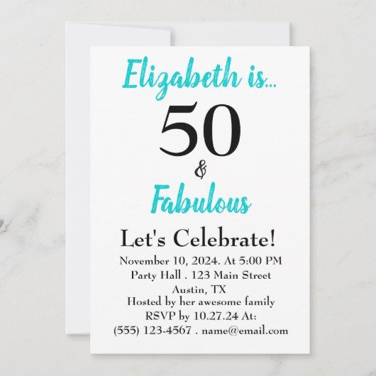50. en Fabulous Turquoise Birthday Party Kaart (Voorkant)