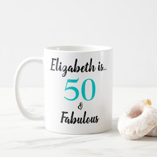 50 en Fabulous Turquoise Black Birthday Koffiemok (Met donut)