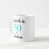 50 en Fabulous Turquoise Black Birthday Koffiemok (Voorkant links)