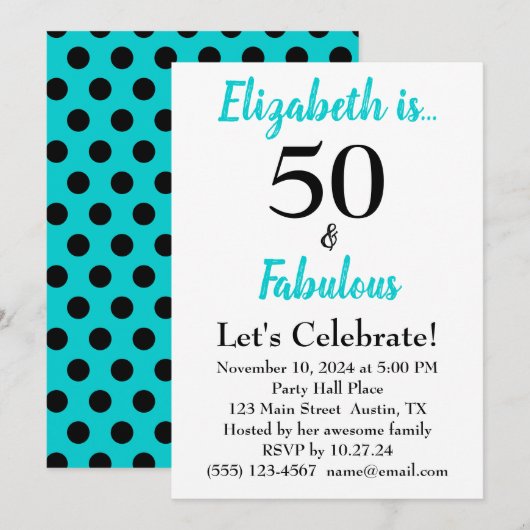 50 en Fabulous Turquoise Blue Birthday Kaart (Voorkant / Achterkant)