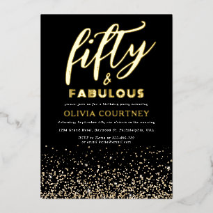 50 en Fabulous Typografie Zwart Goud Glitter Folie Uitnodiging