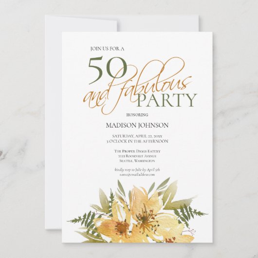 50 en Fabulous Verjaardag Geel en Groene Bloemen Kaart (Voorkant)