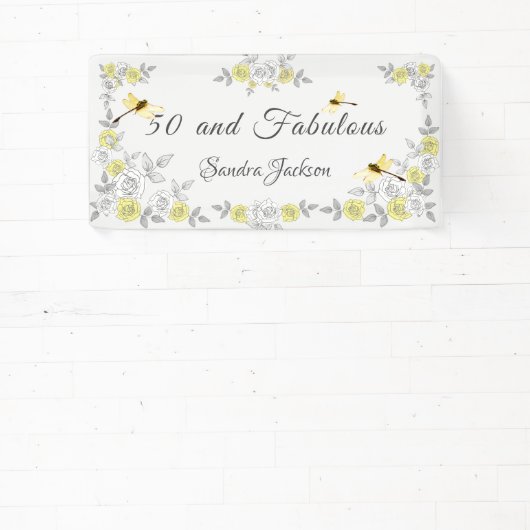 50 en Fabulous Verjaardag Geel Grijs Bloemmotief Spandoek (Insitu)