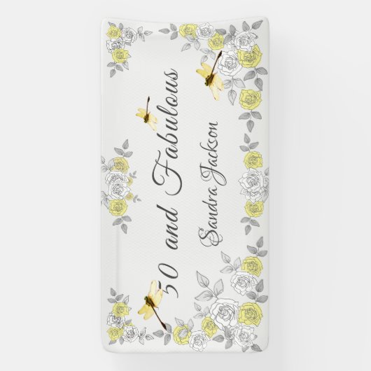 50 en Fabulous Verjaardag Geel Grijs Bloemmotief Spandoek (Verticaal)