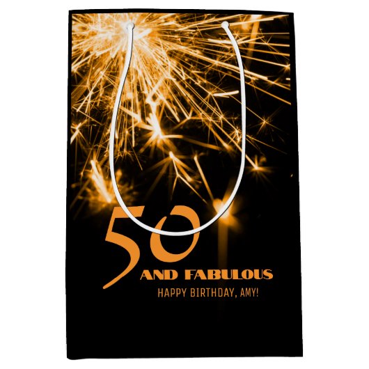 50 en Fabulous verjaardag gouden sparkle party Medium Cadeauzakje (Voorkant)