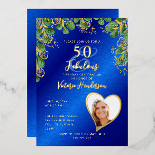 50 en Fabulous Verjaardag Koninklijk Blauw & Goud Folie Uitnodiging