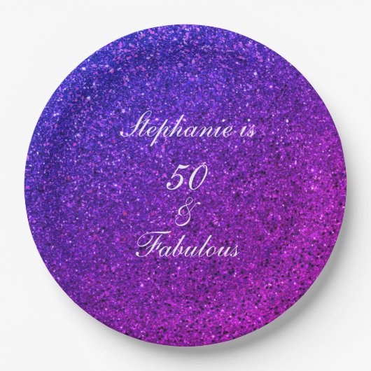 50 En Fabulous Verjaardag Ombre Roze Paarse Glitte Papieren Bordje (Voorkant)