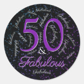 50 En Fabulous Verjaardag Paarse Zwart Elegant Gla Ronde Sticker (Voorkant)