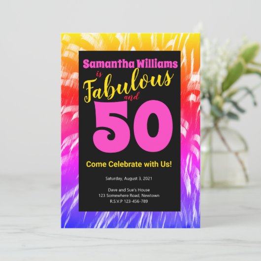 50 en Fabulous Verjaardag Regenboog Vuurwerk Kaart (Staand voorkant)