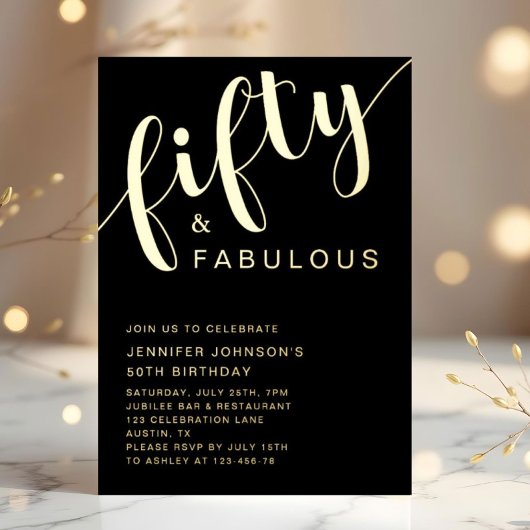50 En Fabulous Verjaardag Zwart Goud Folie Uitnodiging