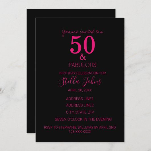 50 En Fabulous Verjaardagsfeestje Heet Roze Zwart Kaart (Voorkant / Achterkant)