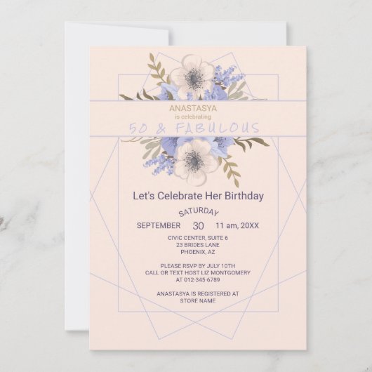 50 en Fabulous Violet Peach Roos Verjaardagsfeest Kaart (Voorkant)