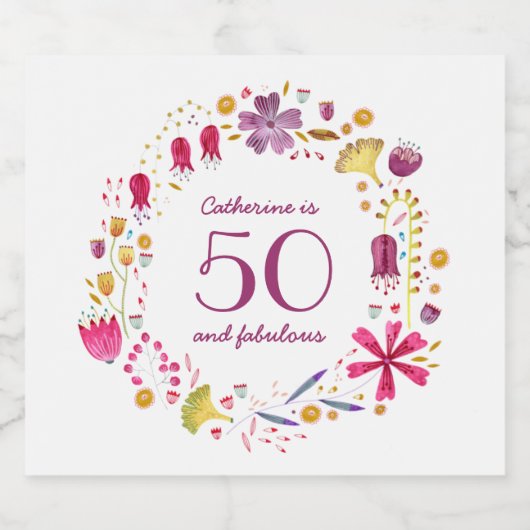 50 en Fabulous Waterverf Floral Custom Name Sparkling Wijnetiket (Enkel label)