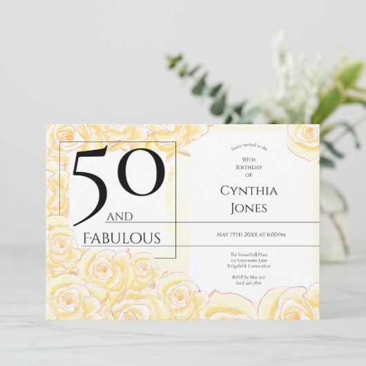 50 en Fabulous Yellow Rose Zwart Horizontaal Kaart (Staand voorkant)