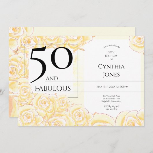 50 en Fabulous Yellow Rose Zwart Horizontaal Kaart (Voorkant / Achterkant)
