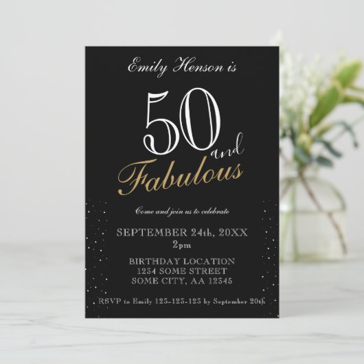 50 en Fabulous Zwart Elegant Script Verjaardag Kaart (Staand voorkant)