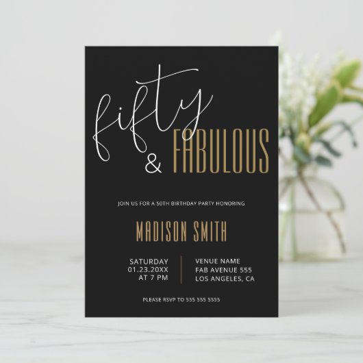 50 en Fabulous Zwart en Goud 50e Verjaardag Kaart (Staand voorkant)