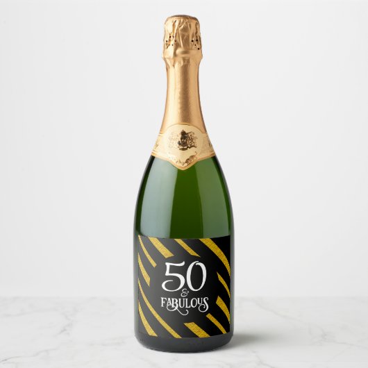50 en Fabulous Zwart en Goud Sparkling Wijnetiket (Voorkant)