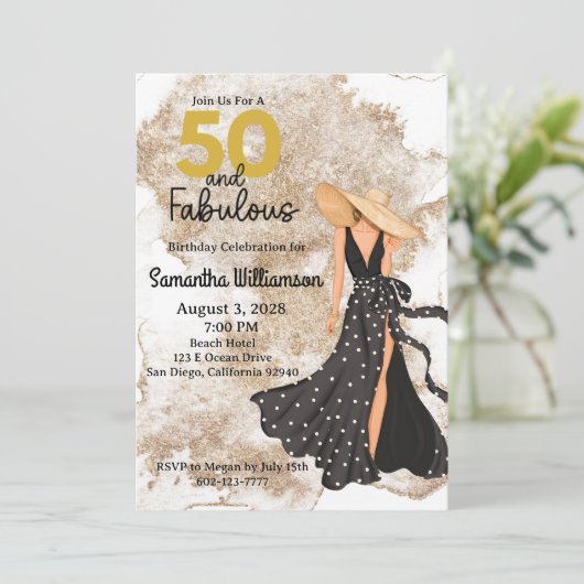 50 en Fabulous Zwart en Goud Verjaardagsfeest Kaart (Staand voorkant)