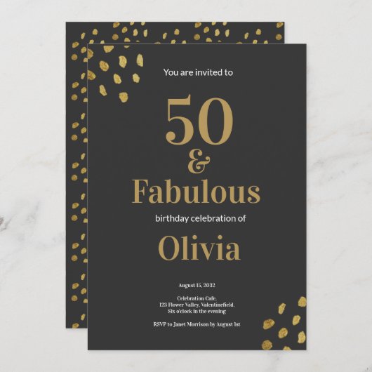 50 en Fabulous Zwart en Gouden Verjaardagsuitnodig Kaart (Voorkant / Achterkant)