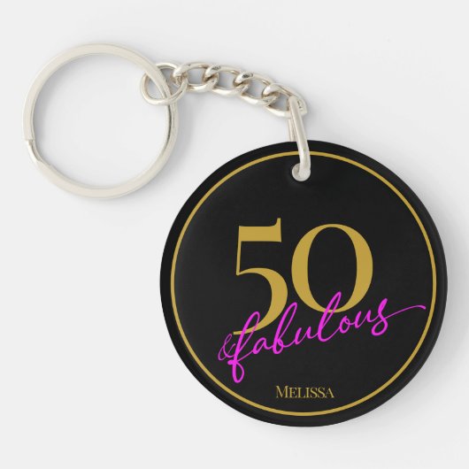 50 en Fabulous Zwart Goud en Roze  Sleutelhanger (Voorkant)