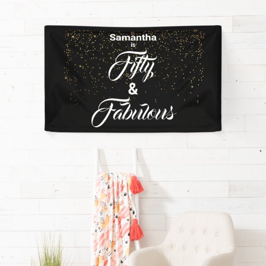 50 en Fabulous Zwart Goud Glitter Gepersonaliseerd Spandoek (Insitu)