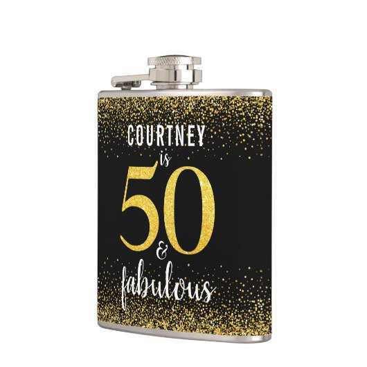 50 en fabulous zwart goud glitter scriptnaam heupfles (Links)