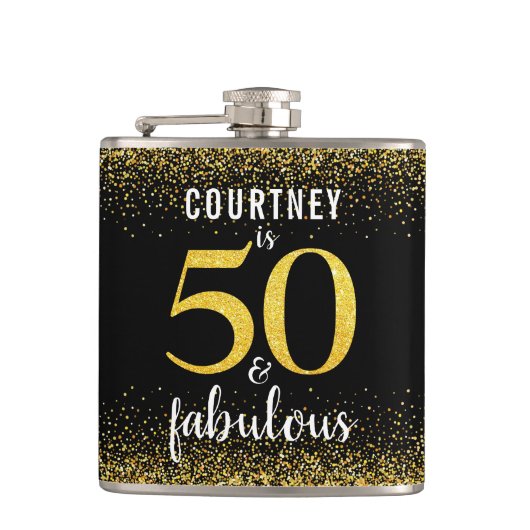 50 en fabulous zwart goud glitter scriptnaam heupfles (Voorkant)