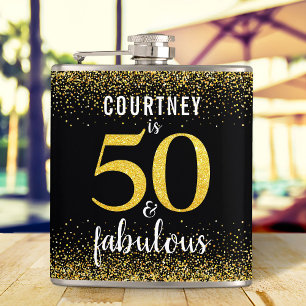 50 en fabulous zwart goud glitter scriptnaam heupfles