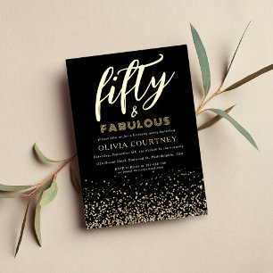 50 en Fabulous Zwart Goud Glitter Verjaardag Folie Uitnodiging