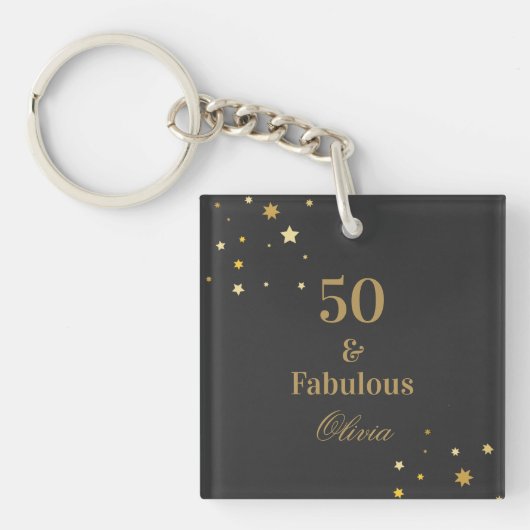 50 en Fabulous Zwart Gouden Verjaardagsfeest Sleutelhanger (voorkant)