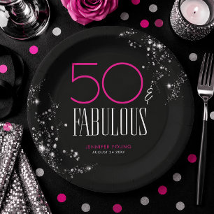 50 en Fabulous Zwart Roze Glam Glitter Verjaardag Papieren Bordje
