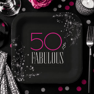 50 en Fabulous Zwart Roze Glam Glitter Verjaardag Papieren Bordje