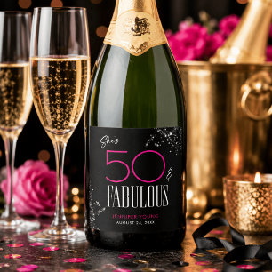 50 en Fabulous Zwart Roze Glam Glitter Verjaardag Sparkling Wijnetiket