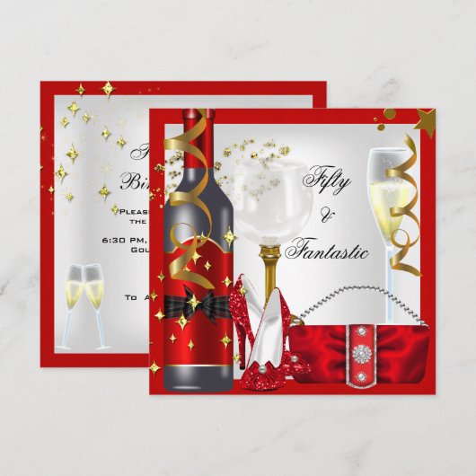 50 en Fantastic Red White Gold Birthday Party Kaart (Voorkant / Achterkant)