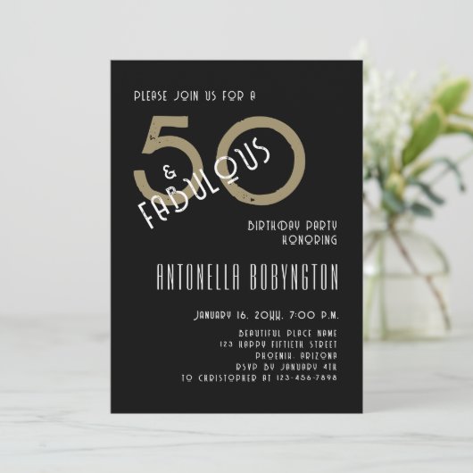 50 en fantastisch zwart wit goud verjaardagsfeestj kaart (Staand voorkant)