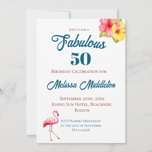 50 en fantastische flamingo verjaardag tropische kaart (Achterkant)