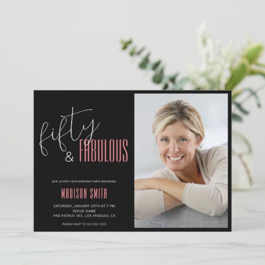50 en fantastische foto zwart en roze 50e verjaard kaart (Staand voorkant)