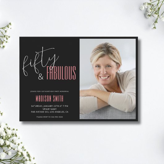 50 en fantastische foto zwart en roze 50e verjaard kaart