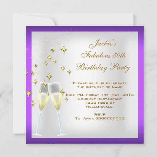 50 en Fantastische Paarse White Gold Birthday Part Kaart (Achterkant)