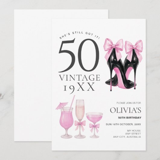 50 en fantastische roze hakken & cocktails uitnodi kaart (Voorkant / Achterkant)