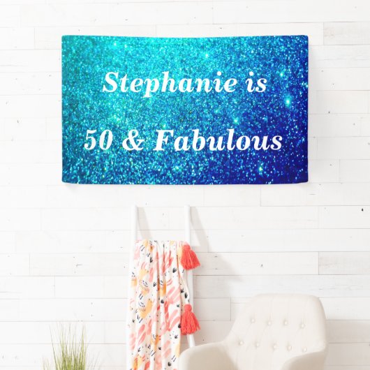 50 en fantastische verjaardag Blauwgroen Blue Glit Spandoek (Insitu)