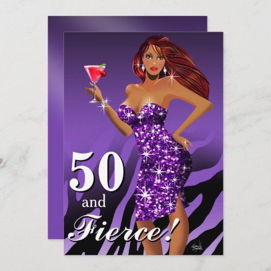 50 en Fierce Glam Sparkly Zebra Bombshell paars Kaart (Voorkant / Achterkant)