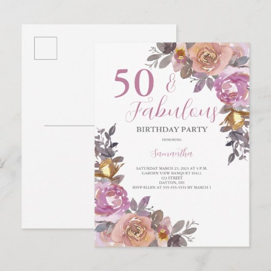 50. en Floral Birthday Party (Waterverf van Fabulo Uitnodiging Briefkaart (Voorkant / Achterkant)