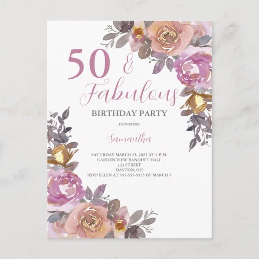 50. en Floral Birthday Party (Waterverf van Fabulo Uitnodiging Briefkaart (Voorkant)