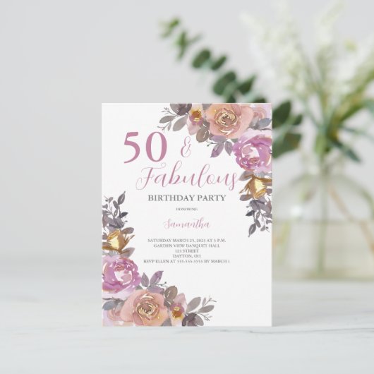 50. en Floral Birthday Party (Waterverf van Fabulo Uitnodiging Briefkaart (Staand voorkant)