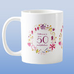 50 en Floral Name Birthday (Floral naam) van de Fa Koffiemok<br><div class="desc">Een ,  moderne botanische florale waterverf die 50 omringt en een Fabulous typografie. Pas aan door de naam,  de leeftijd en het bericht te wijzigen.</div>