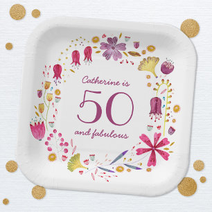 50 en Floral Name Birthday (Floral naam) van de Fa Papieren Bordje