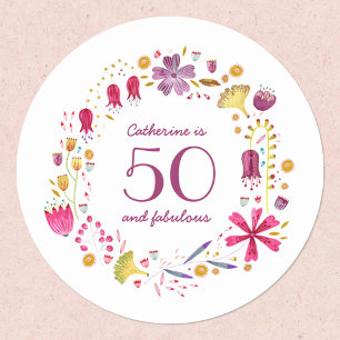 50 en Floral Name Birthday (Floral naam) van de Fa Ronde Sticker