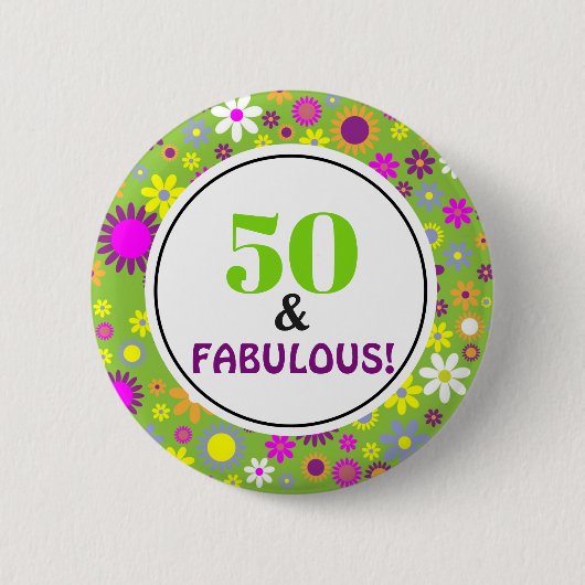 50 en  Floral van de Fabulous Birthday Ronde Button 5,7 Cm (Voorkant)
